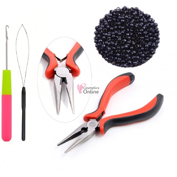 Set pentru extensii de par cu cleste IM001A, 100 inele Nanoring fara silicon cu iglita si croseta Brunet